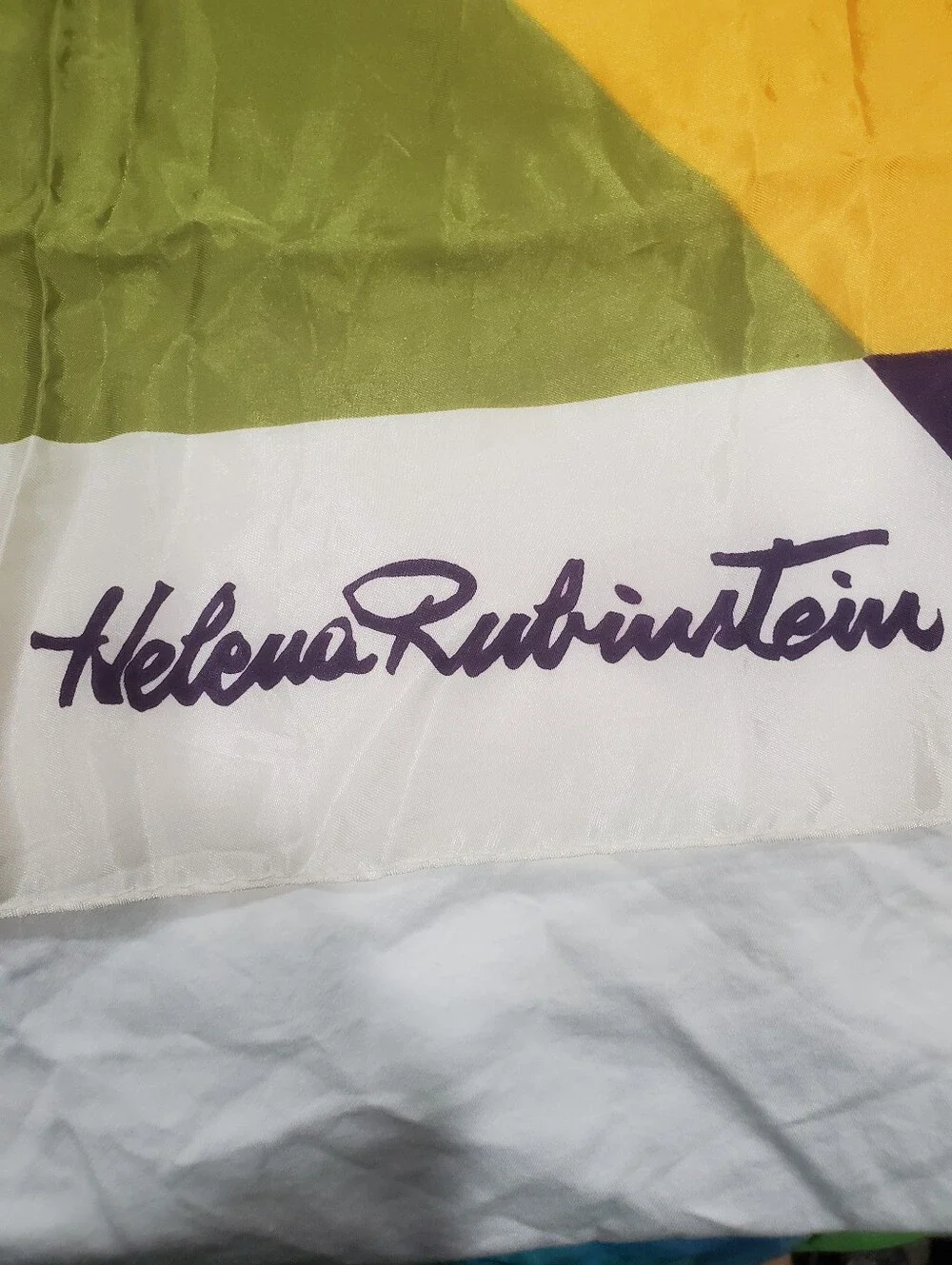 Vintage Helena Rubinstein Signature Scarf 26x26 Square Green Purple Yellow White